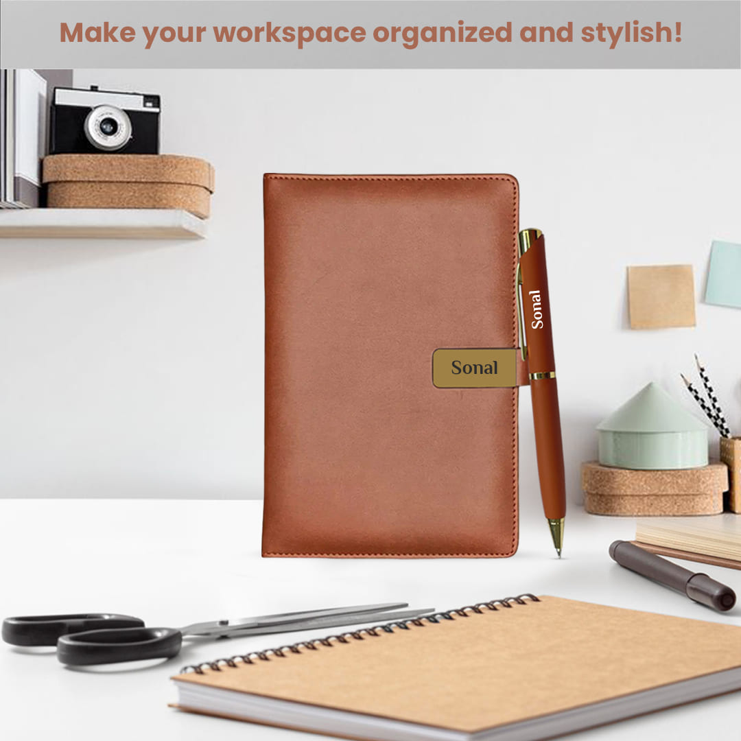 Elegant Personalized Gifts : Office Notebook Diary with Pen Set-Golden - Giftana