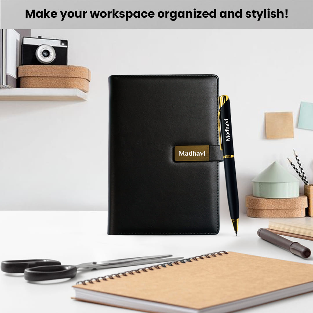 Elegant Personalized Gifts : Office Notebook Diary with Pen Set-Golden - Giftana