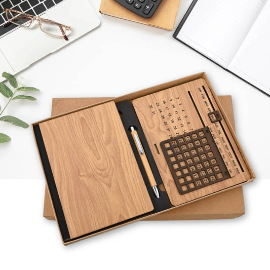 Eco-Friendly Corporate Gifts : Wooden Diary, Life Time Calender desk & Pen Set - Giftana