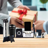 7-in-1 Personalized Desk Organizer Set with Coffee Tumbler, Steel Bottle, Pen Drive, Mobile Stand, Card Holder, Pen (Black) - Giftana