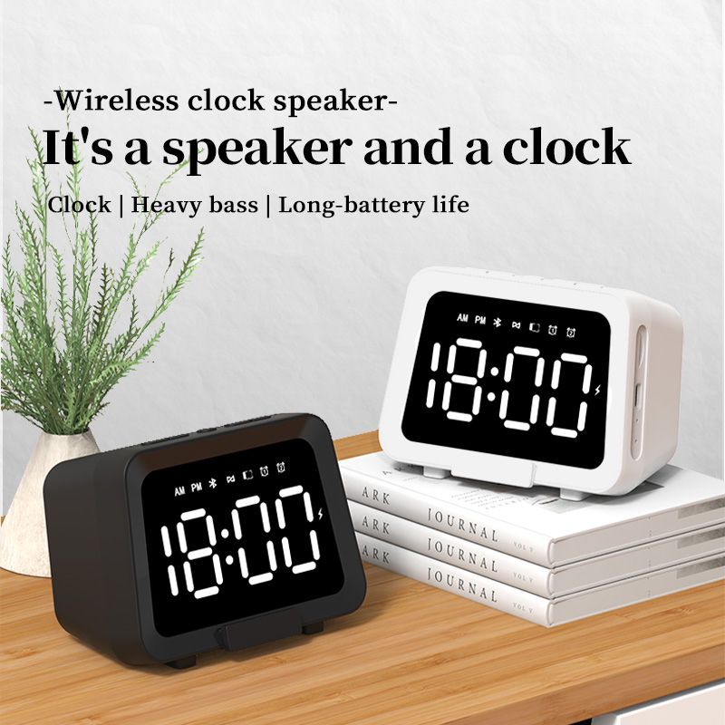Multifunctional wireless speaker with digital clock on a wooden surface
