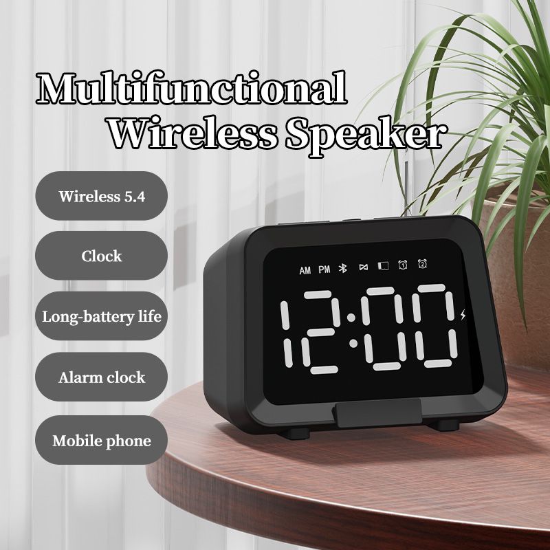 Multifunctional wireless speaker with digital clock on a wooden surface