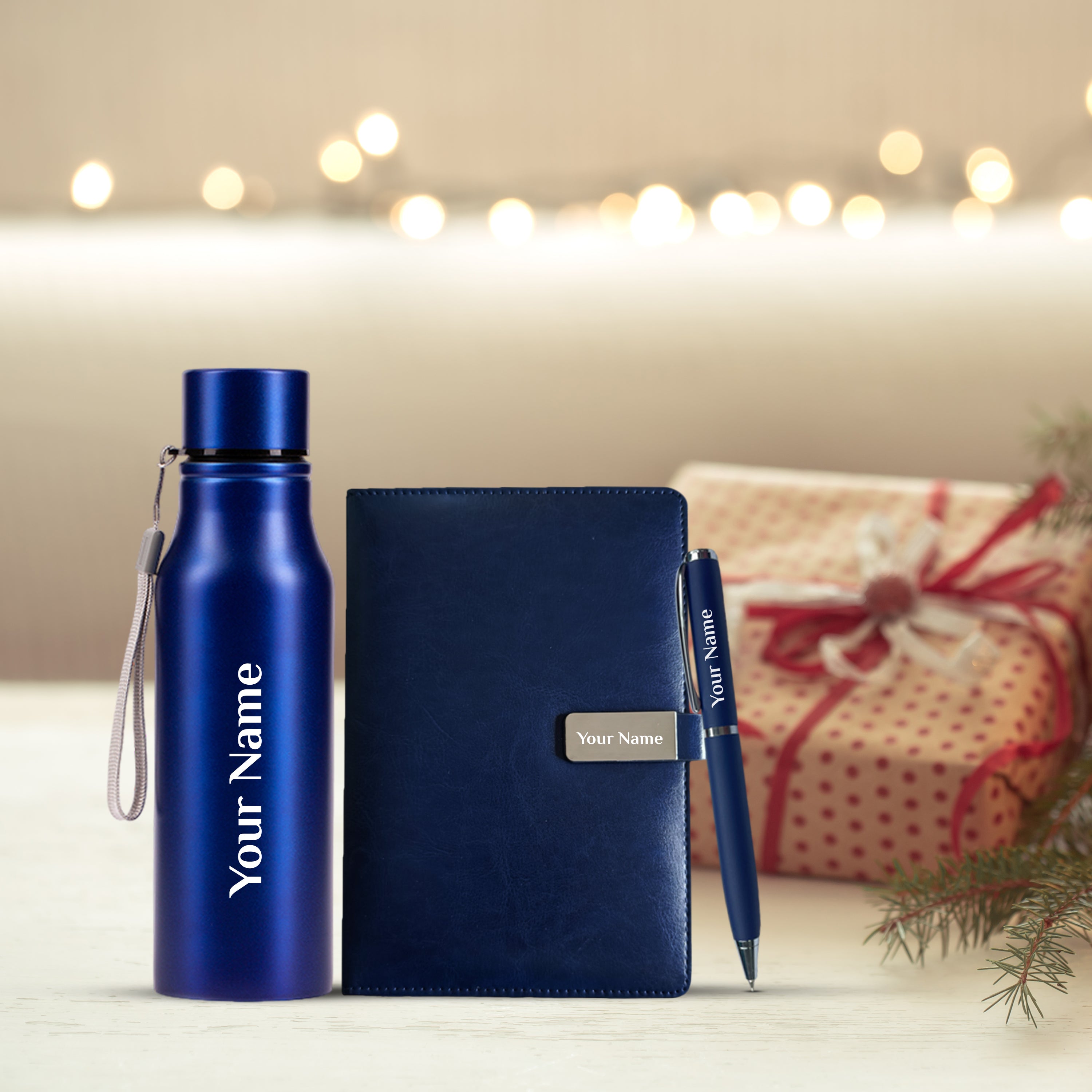 Elegant Personalized Gift : Bottle, Magnet Diary & Pen Set - Giftana