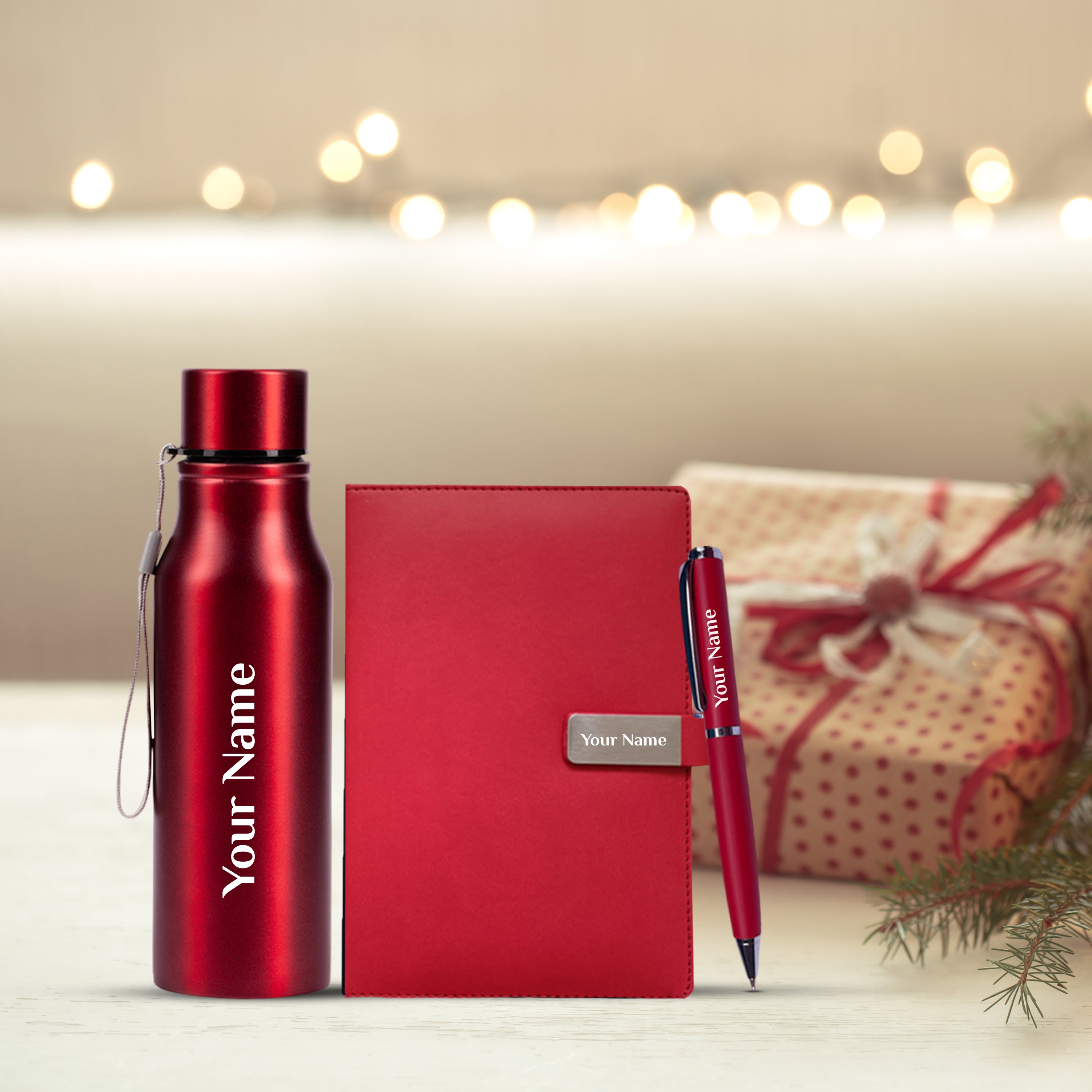 Elegant Personalized Gift : Bottle, Magnet Diary & Pen Set - Giftana