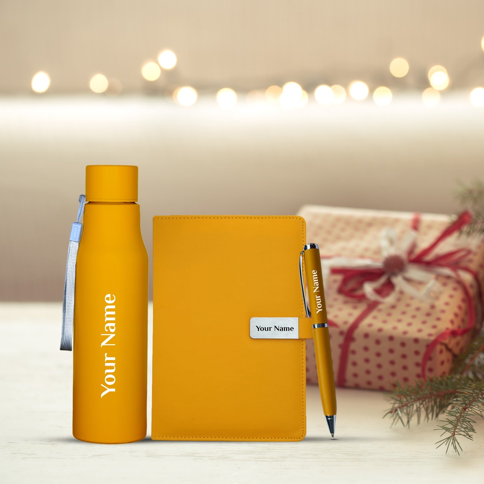 Elegant Personalized Gift : Bottle, Magnet Diary & Pen Set - Giftana