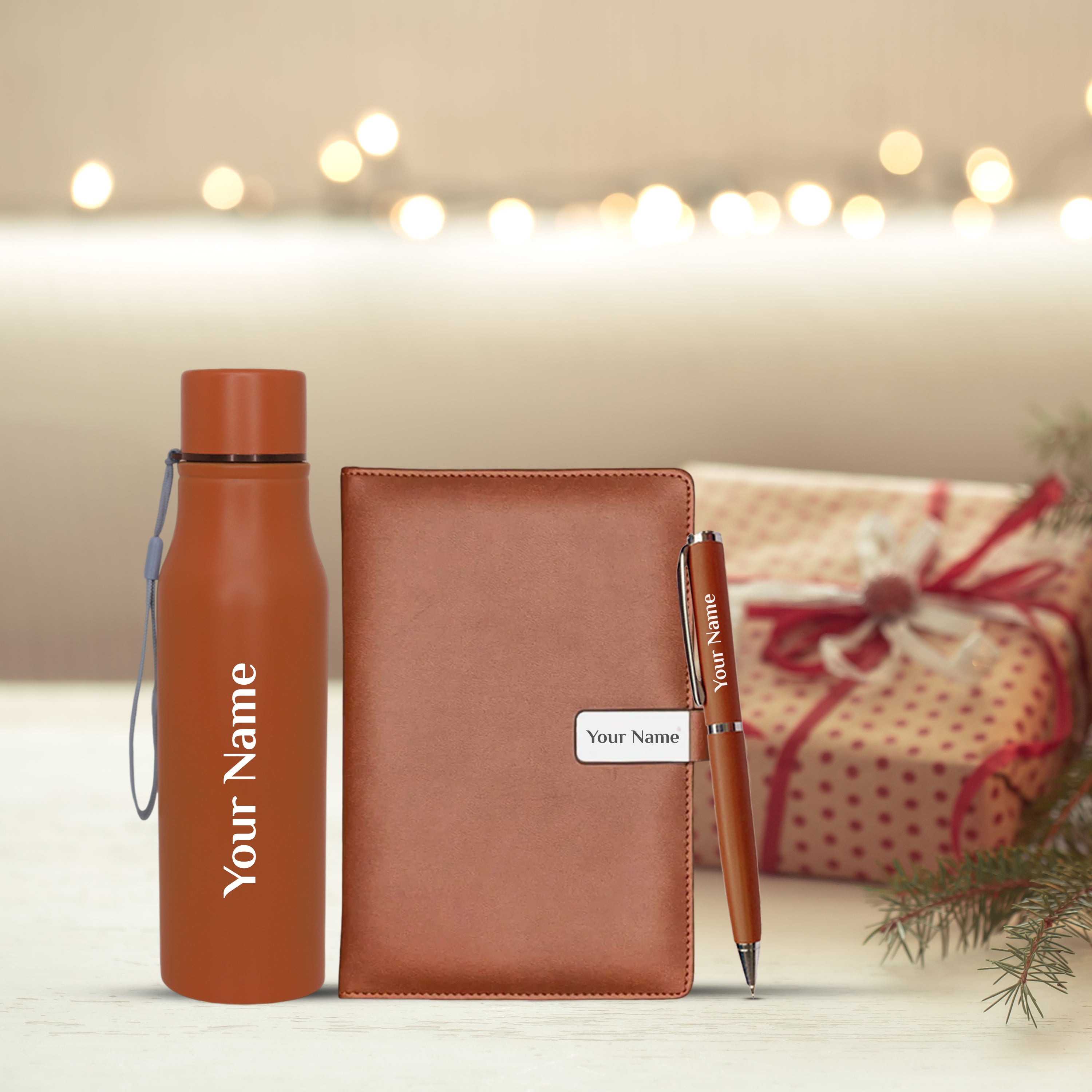 Elegant Personalized Gift : Bottle, Magnet Diary & Pen Set - Giftana