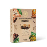 Packaging of Cacao Springs Almond Brownie Brittle with illustrations of a brownie, almonds, and cocoa on the front.