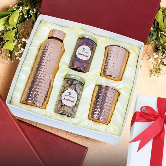 Copper Bottle with Glasses, Almonds & Cashews Gift Set - Giftana