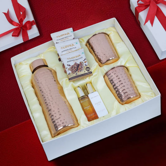 Festive Gift Set : Copper Bottle with Glasses, Perfume & Gourmets - Giftana