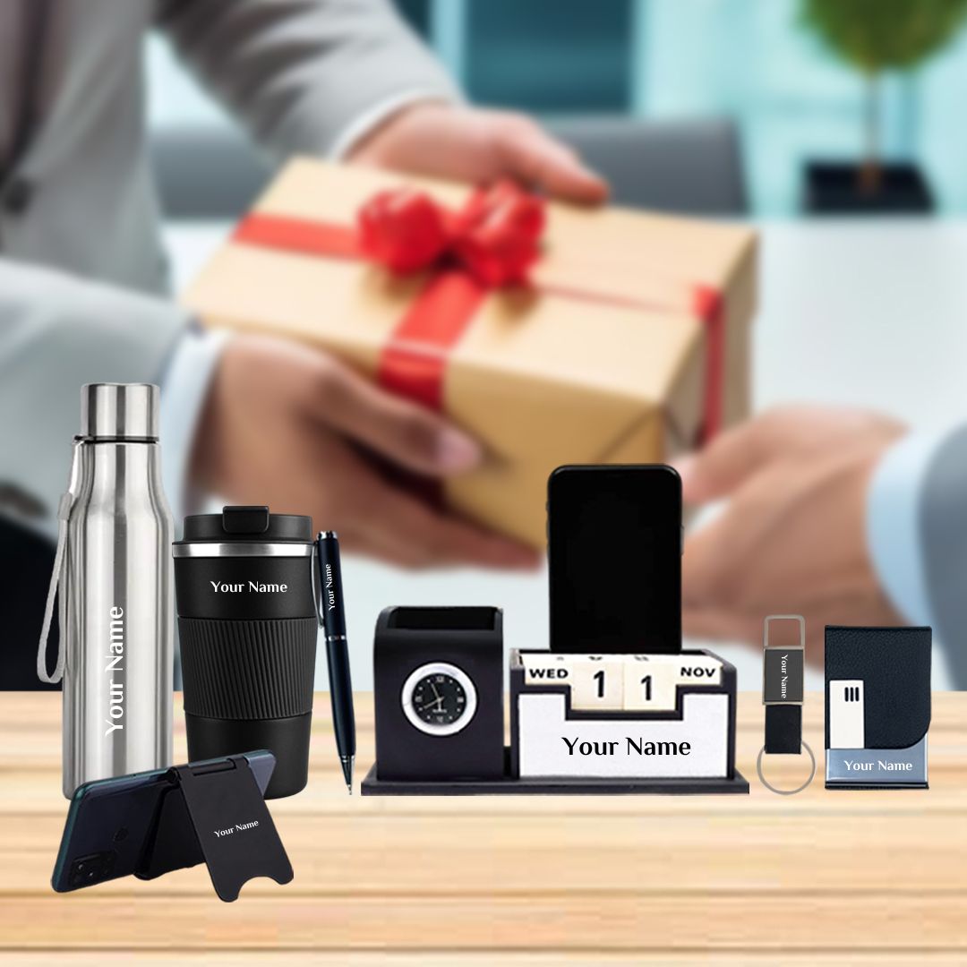 Customize Corporate Gift Set : 7-in-1 Silver Bottle, Black Tumbler & Office Essentials - Giftana