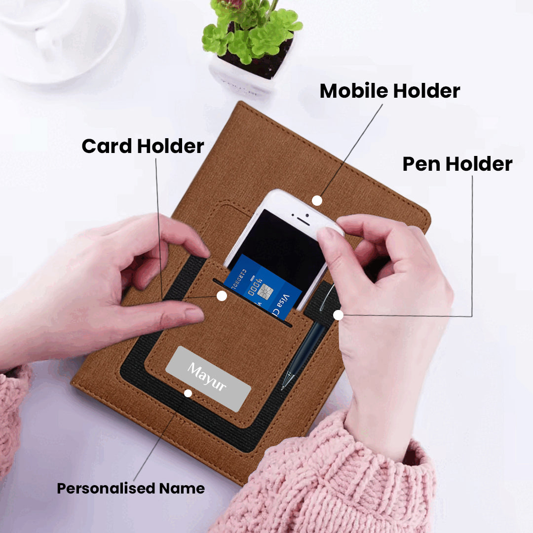 Personalized Gifts : 4-in-1 Jute Pocket Diary, Pen, Keychain & Card Holder - Giftana