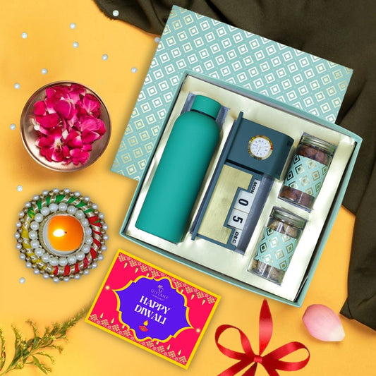 Customized Corporate Gift : Diwali Hamper with Rubber Bottle & Desk Organizer - Giftana