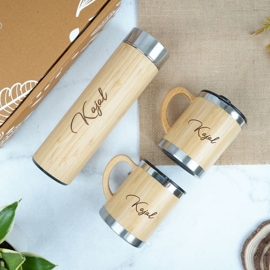 Eco-Friendly Gifts Premium Bamboo Bottle Set with 2 Mugs