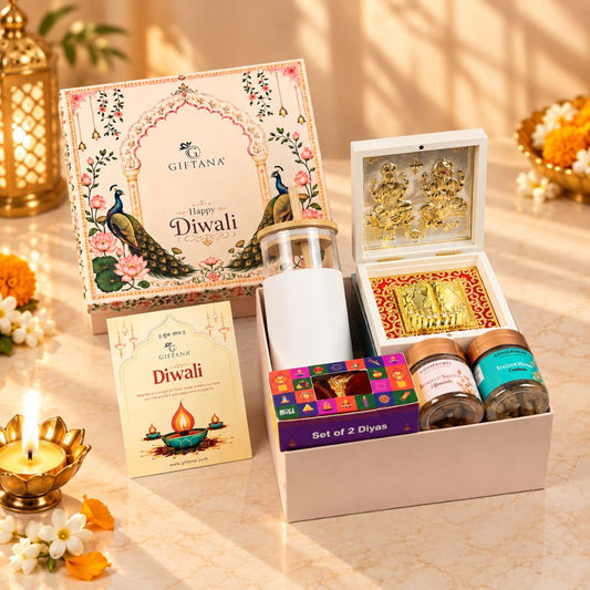 Festive Grace : Diwali Gift Box with Tumbler, Dry Fruits & Diyas