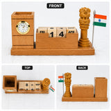 Indian Heritage Ashoka Lion Symbol Wooden Pen Stand with Clock