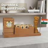 Indian Heritage Ashoka Lion Symbol Wooden Pen Stand with Clock