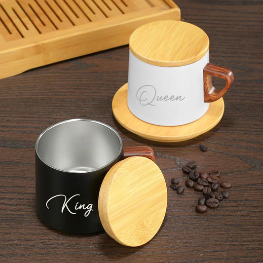 King & Queen Coffee Mug with Wooden Lid & saucer gift - Giftana
