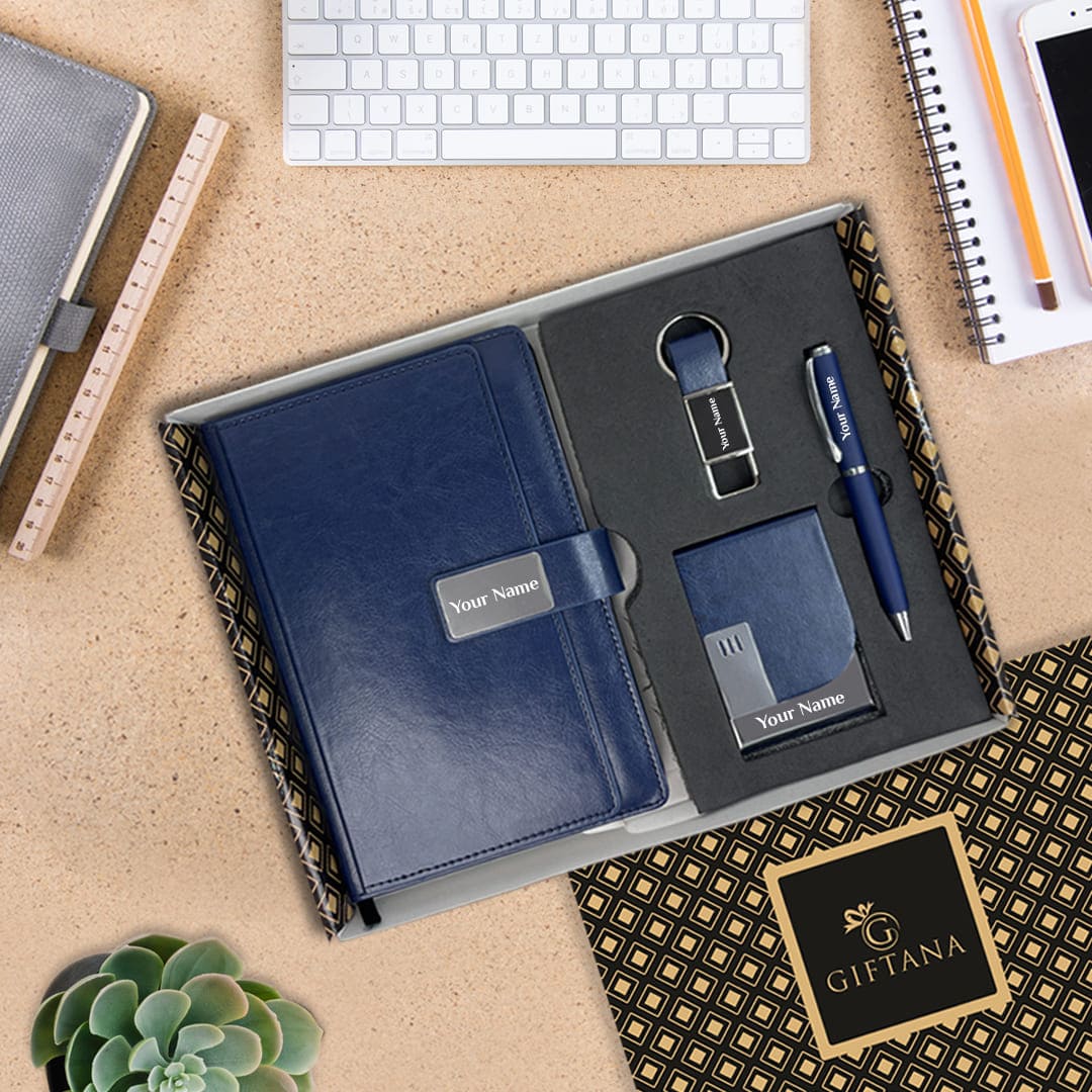 Elegant Personalized Gift : Magnet Flap Diary, Pen, Keychain & Card Holder - Giftana