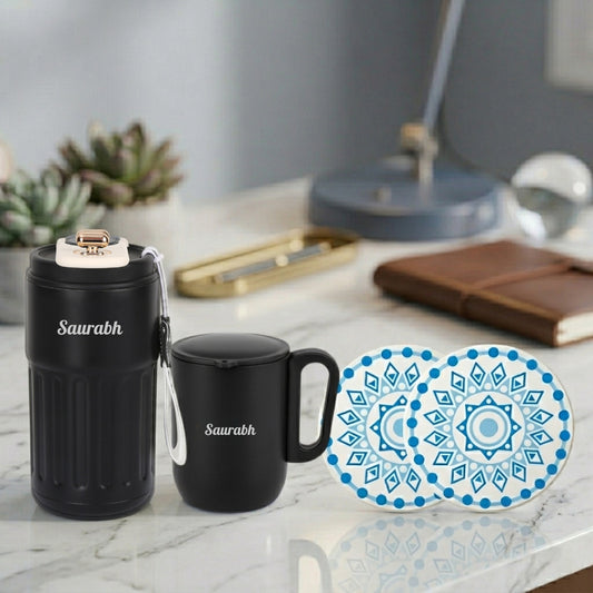 Name Engraved Smart Tumbler Mug Set with Round Coasters