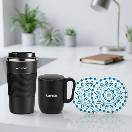 Personalised Tumbler Mug Gift Set with 2 Round Coasters