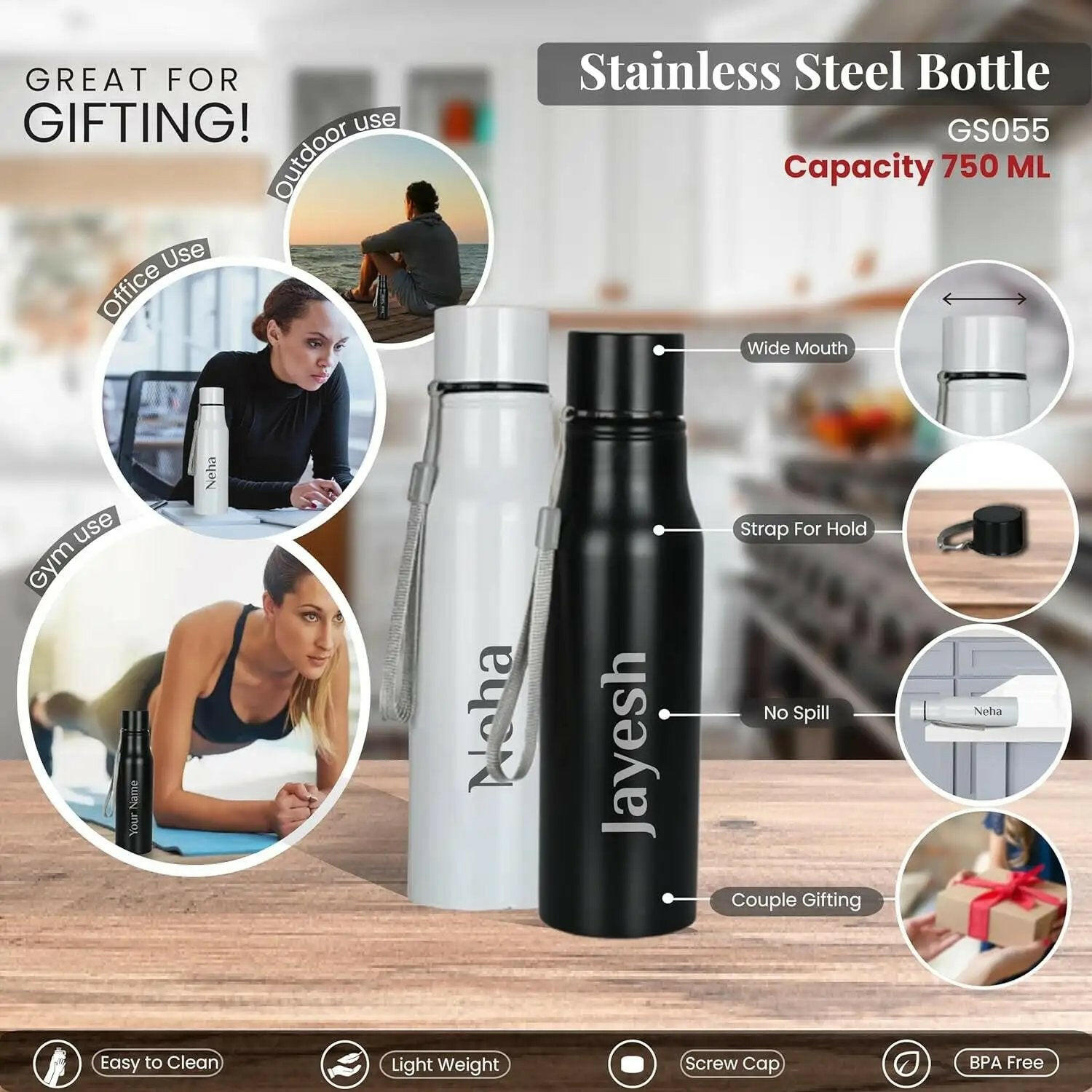 Personalized Steel Bottle G055 - Combo - Giftana