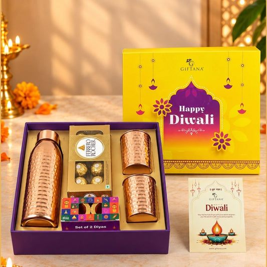 Premium Copper Diwali Gift Set with Bottle, Glasses & Ferrero Rocher