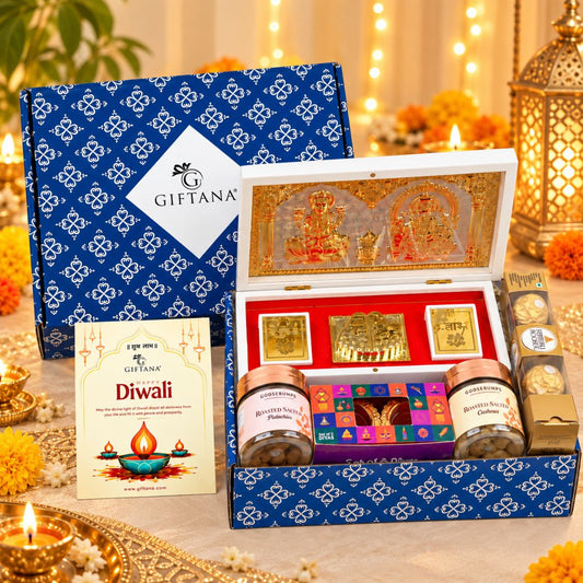 Premium Diwali Gifts – Grand Laxmi Ganesh Charan Hamper with Dry Fruits, Ferrero & Diyas