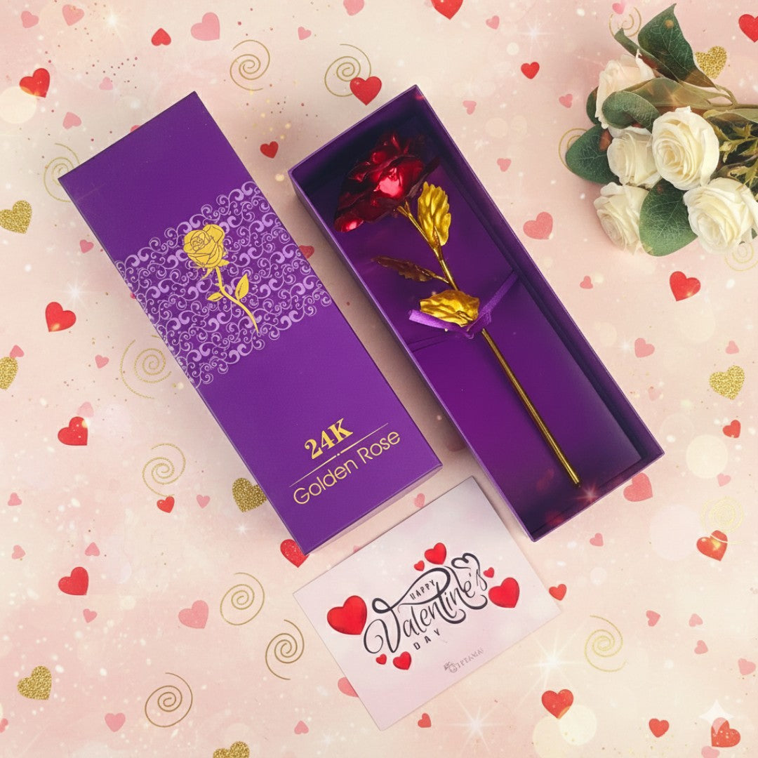 Red Golden Rose with Box and valentine card
