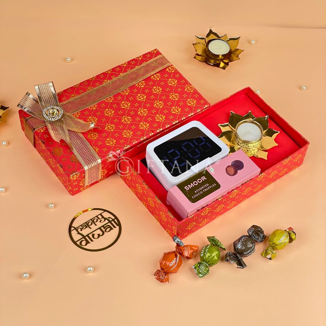 Elegant Diwali Gifts with Alarm Clock & Choco Goodies
