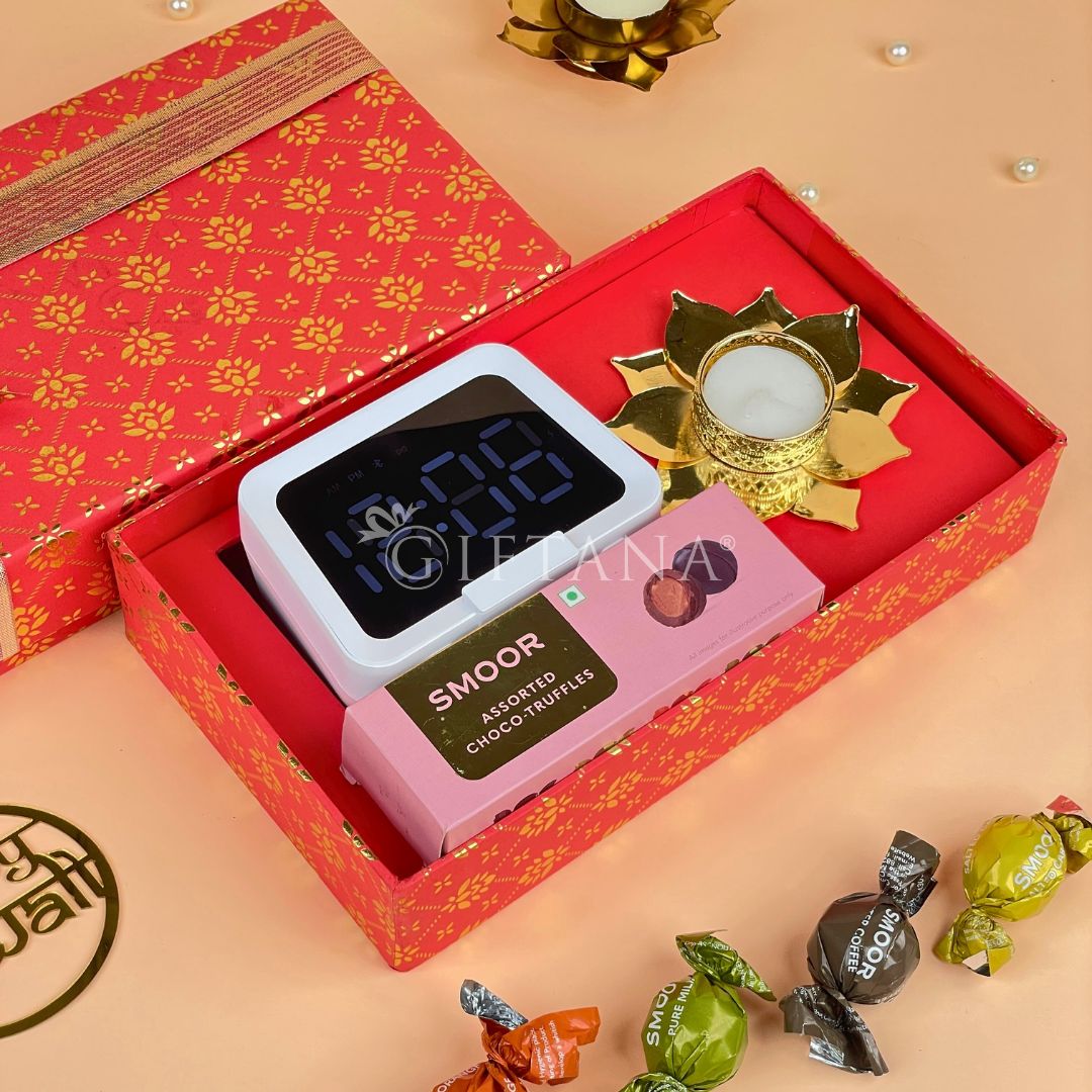 Elegant Diwali Gifts with Alarm Clock & Choco Goodies