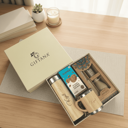 Sustainable Personalized Bamboo Gift Hamper with Drinkware, Cookies & Fragrance
