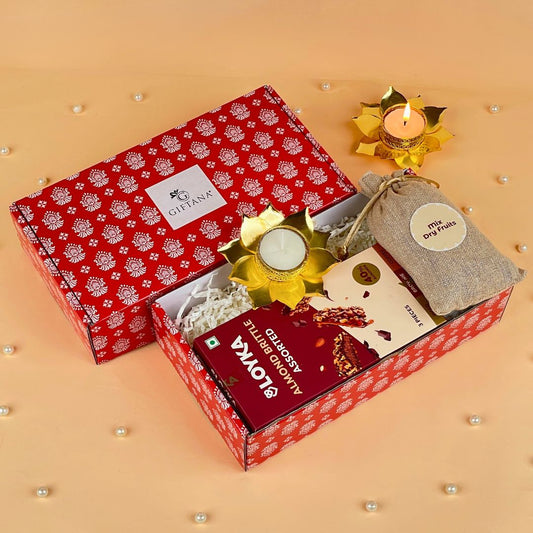 Unique Diwali Hampers with Dry Fruits, Almond Brittle & Lotus Diya