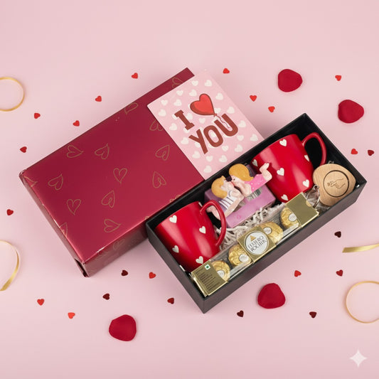Valentine's Day Love Gift Hamper for Him & Her with Heart Mugs & Ferrero