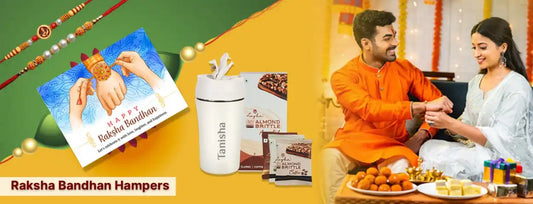 Promotional banner for Raksha Bandhan gift hampers featuring festive imagery and products.