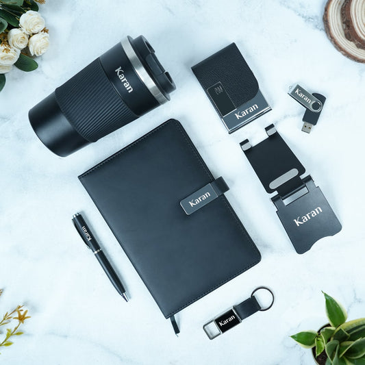 Customized Gift Set with Pen, Diary, Keychain, Card Holder, Mobile Stand, Pen Drive & Coffee Tumbler