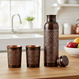 Vintage Copper Bottle with 2 Engraved Copper Glasses Set