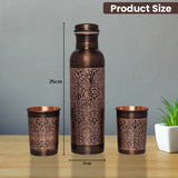 Vintage Copper Bottle with 2 Engraved Copper Glasses Set