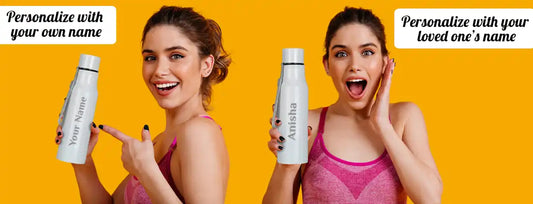 White plastic water bottle with customizable name labeling.
