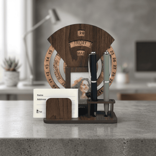 Wooden Perpetual Calendar Desk Organizer with Photo Frame & Pen Holder