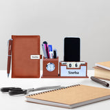 Personalized Desk Organizer With Diary Pen Set With Name - Tan Silver