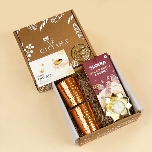 Classic Diwali Celebration Box - Copper Glasses, Brownie & Lotus Candle