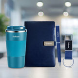 Personalized 4 in 1 Gift Set - Coffee Tumbler, Notebook Diary, Metal Pen & Leather Keychain (Blue)