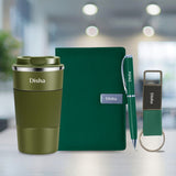 Personalized 4 in 1 Gift Set - Coffee Tumbler, Notebook Diary, Metal Pen & Leather Keychain (Green)