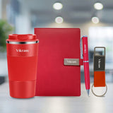 Personalized 4 in 1 Gift Set - Coffee Tumbler, Notebook Diary, Metal Pen & Leather Keychain (Red)