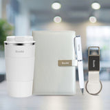 Personalized 4 in 1 Gift Set - Coffee Tumbler, Notebook Diary, Metal Pen & Leather Keychain (White)