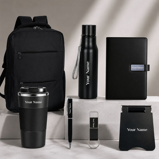 7 in 1 Bagpack with Personalized Diary Pen Keychain Mobile Stand 055 Bottle 734 Tumbler Set Black