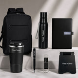 7 in 1 Bagpack with Personalized Diary Pen Keychain Mobile Stand 055 Bottle 734 Tumbler Set Black