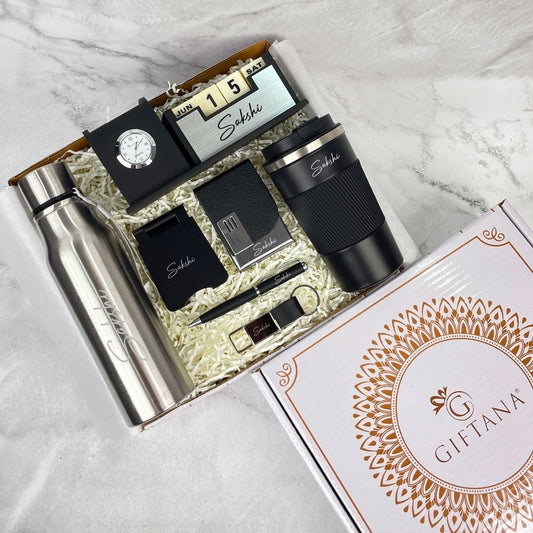 Customize Corporate Gift Set : 7-in-1 Silver Bottle, Black Tumbler & Office Essentials - Giftana 