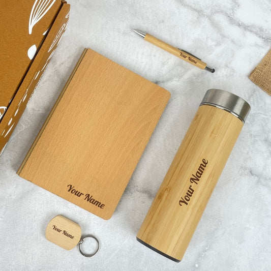 Bamboo Gifts Hamper with Name - Bottle, Pen, Keychain & Diary Set
