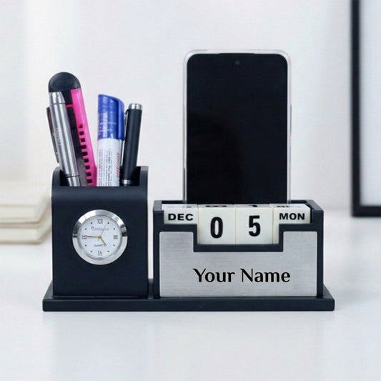 Classic Personalized Gifts : Custom Desk Organizer with Clock-silver